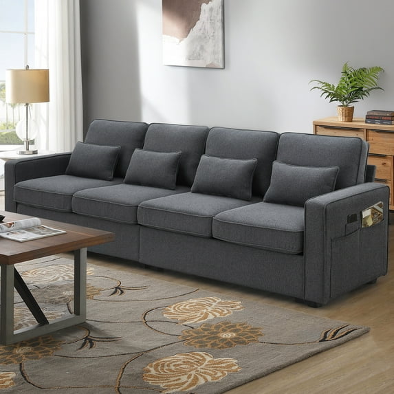 Harper & Bright Designs Sectional Sofa 4 Seater Couch with Armrest Pockets, Linen Upholstered Sofa with 4 Pillows for Living Room Apartment,