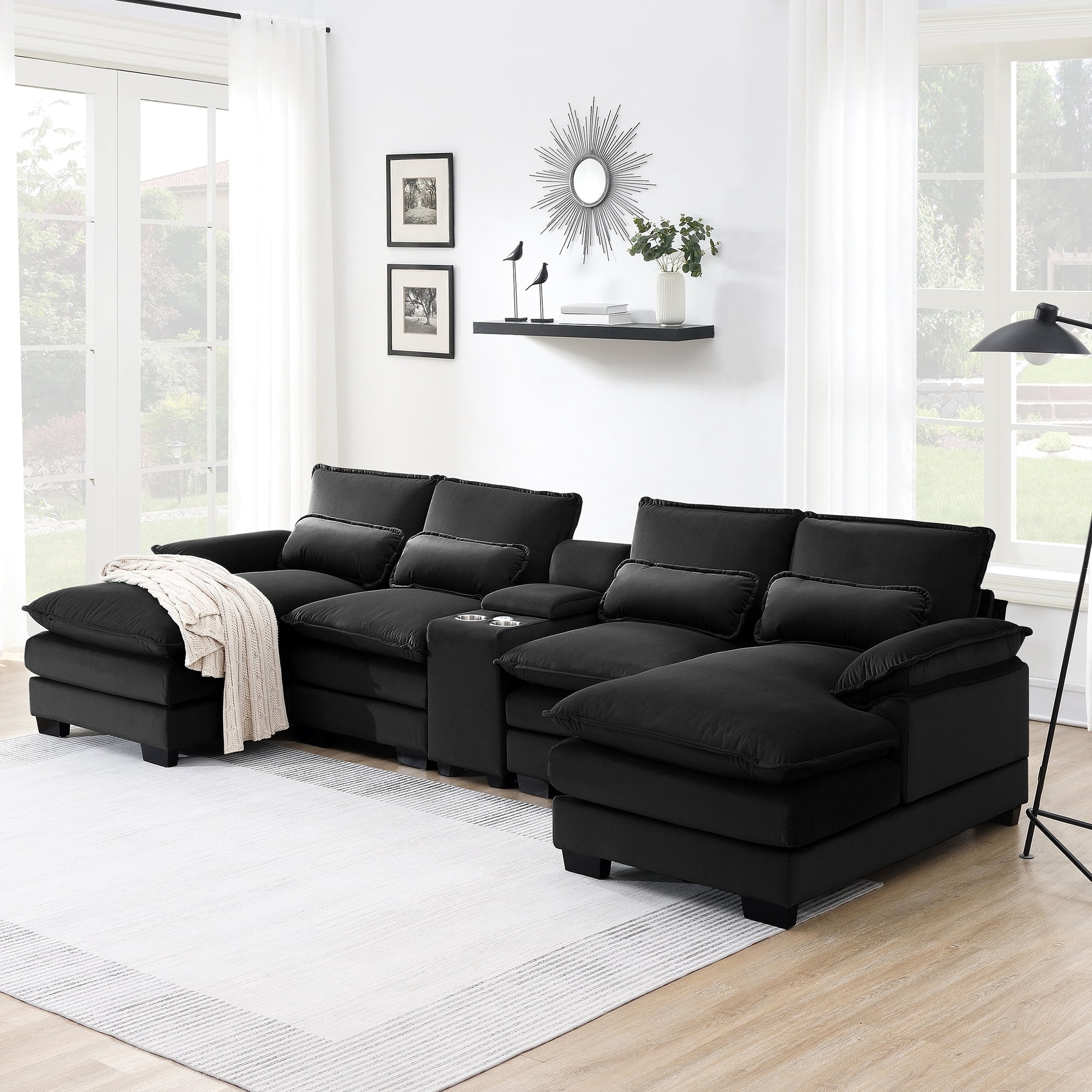 Harper & Bright Designs Sectional Sofa with Console and Cup Holders, Modern U Shaped Sofa Couch Sets with 2 Chaise Lounge, 4-seat Chenille Cloud Couch with USB Ports for Living Room Office, Black