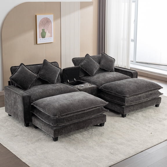 Harper & Bright Designs Sectional Sofa Couch with Two Reversible Ottoman, Chenille Upholstered Sofa with Storage USB Cup Holders and USB Ports, 112.6" Black