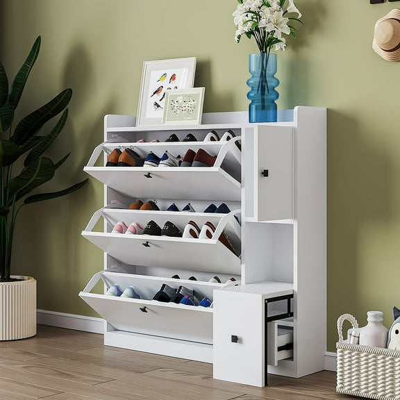 Harper & Bright Designs Shoe Cabinet with Pull Down Seat and 3 Flip Drawers, Maximum Storage Entryway Organizer, Free Standing Rack for Hallway, White