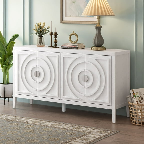 Harper & Bright Designs Sideboard Buffet Cabinet with Storage and Shelves, Farmhouse Sideboard Cabinet with Circular Groove Design Metal Door Handle for Entrance Living Room, White