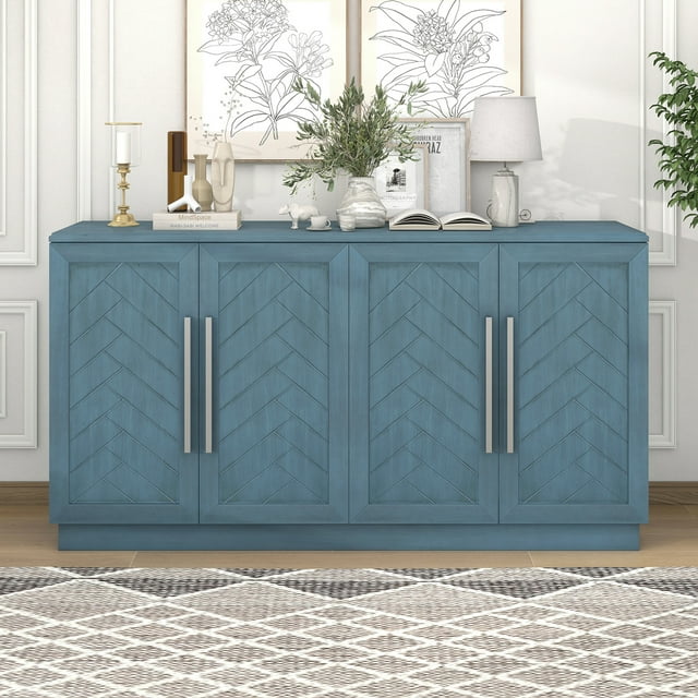 Churanty Sideboard Storage Cabinet with 4 Doors, Large Storage Space Buffet Cabinet with Adjustable Shelves,Antique Blue