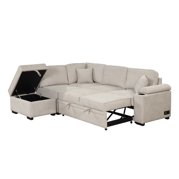 Harper & Bright Designs Sleeper Sectional Sofa Pull Out Bed Upholstery Reversible Couch with Hidden Arm Storage & Ottoman, Beige