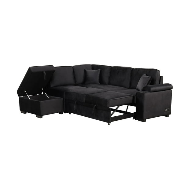 Harper & Bright Designs Sleeper Sectional Sofa Pull Out Bed Upholstery Reversible Couch with Hidden Arm Storage & Ottoman, Black