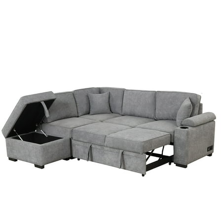 Harper & Bright Designs Sleeper Sectional Sofa Pull Out Bed Upholstery Reversible Couch with Hidden Arm Storage & Ottoman, Gray