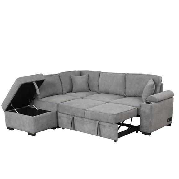 Harper & Bright Designs Sleeper Sectional Sofa Pull Out Bed Upholstery Reversible Couch with Hidden Arm Storage & Ottoman, Gray