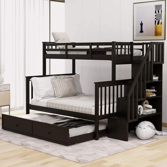 Harper & Bright Designs Solid Wood Twin over Full Bunk Bed with Twin Size Trundle for Bedroom, Espresso