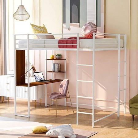 Harper & Bright Designs Space-Saving Full Size Metal Loft Bed with 2 Shelves and 1 Desk, Two Build-in Ladders and Guardrails, No Box Spring Needed (White)
