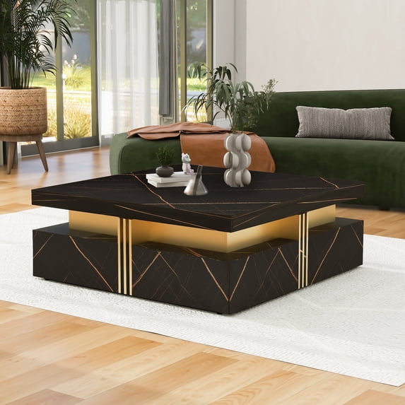 Harper & Bright Designs Square Coffee Table with 4 Storage Drawers, Modern Gold Cocktail Table Center Table for Small Space, Black