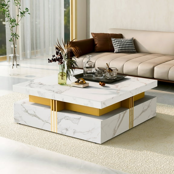 Harper & Bright Designs Square Coffee Table with 4 Storage Drawers, Modern Gold Cocktail Table Center Table for Small Space, White