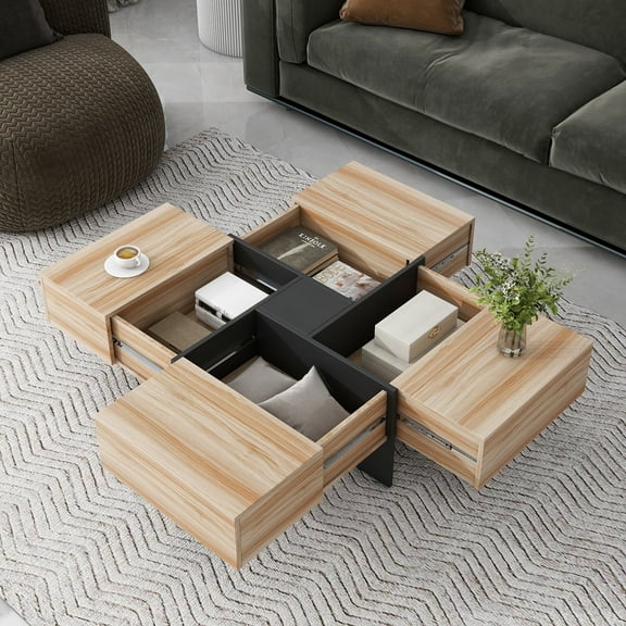 Harper & Bright Designs Square Extendable Coffee Table with Sliding Tabletop Cocktail Table with Storage, Center Table High Gloss End Table for Living Room, Brown