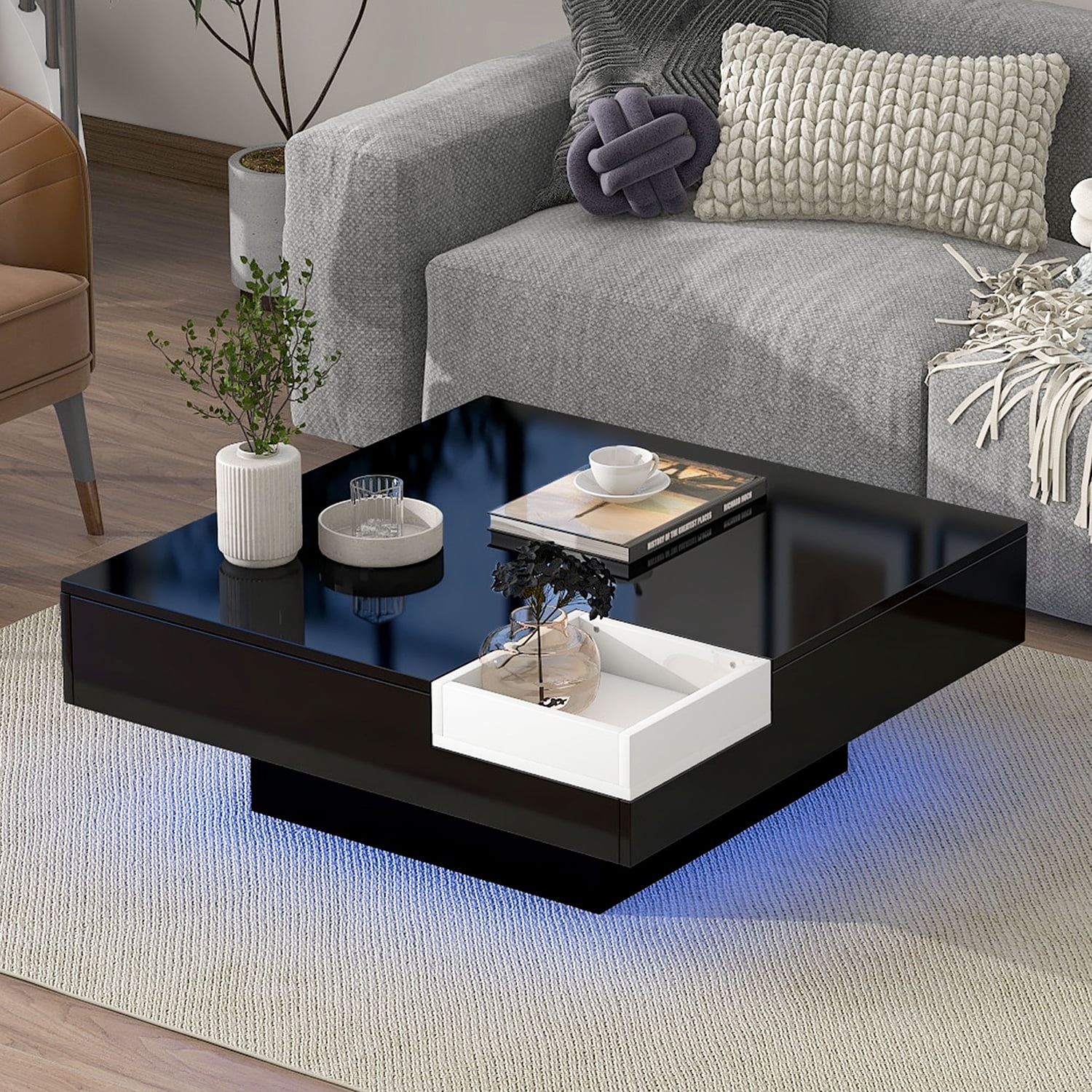 Churanty Square LED Light Coffee Table, Modern Cocktail Table with