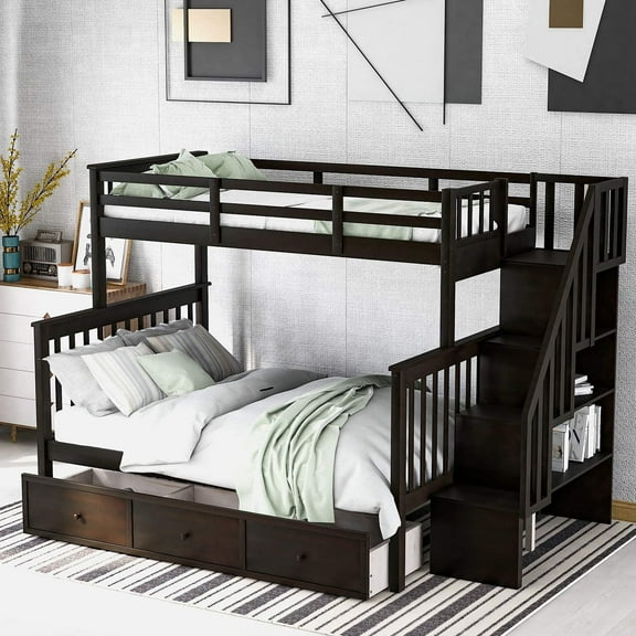 Harper & Bright Designs Stairway Twin-Over-Full Bunk Bed with Drawer, Storage and Guard Rail for Bedroom, Dorm, Espresso