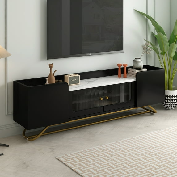 Churanty TV Stand Marble Top with Gold Frame Base, Sleek TV Stand with Fluted Glass, Contemporary Entertainment Center for TVs Up to 65", Black