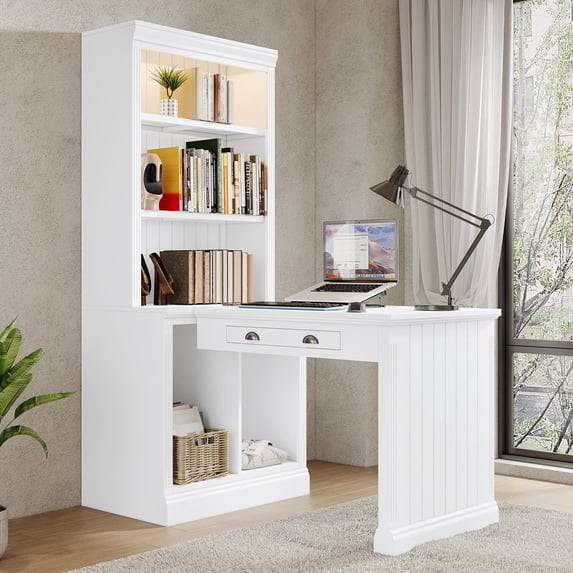 Harper & Bright Designs Tall Bookshelf with Writing Desk, White Wooden Storage Bookcase with Study Desk, Workstation with Open Shelves and LED Lighting for Home Office