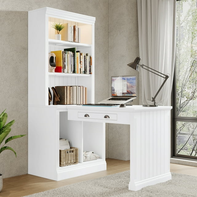 Churanty Tall Bookshelf with Writing Desk, White Wooden Storage Bookcase with Study Desk