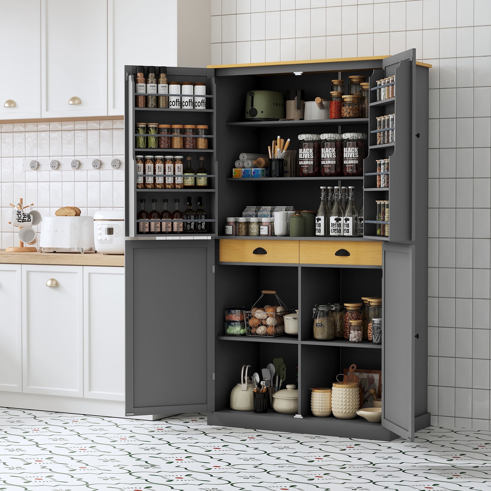 Harper & Bright Designs Tall Kitchen Pantry Storage Cabinet with Door Shelves, Hutch Cabinet with 2 Drawers and 2 Adjustable Shelves for Dining Room Kitchen, Gray
