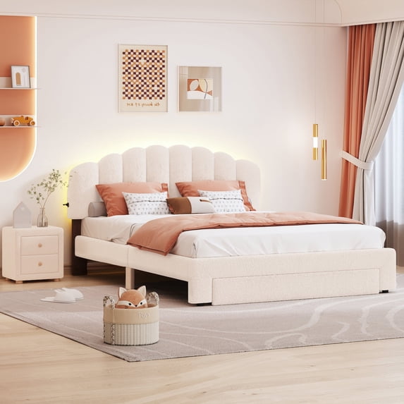 Harper & Bright Designs Teddy Fleece Queen Size Upholstered Platform Bed with 1 Nightstand, Beige
