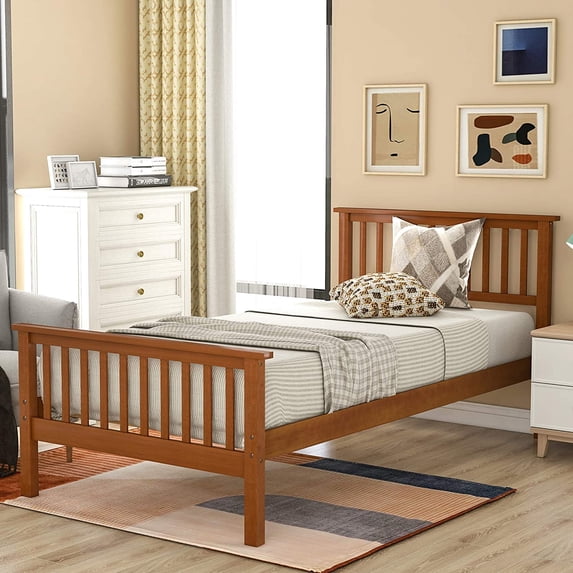 Harper & Bright Designs Twin Bed Frame Wood Platform Twin Bed No Box Spring Required, Oak