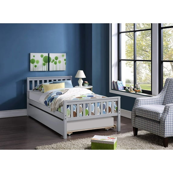 Churanty Twin Bed Kids Bed with Trundle, Platform Solid Wood Bed, Wood Bed for Kids Teens Family Guests,Gray