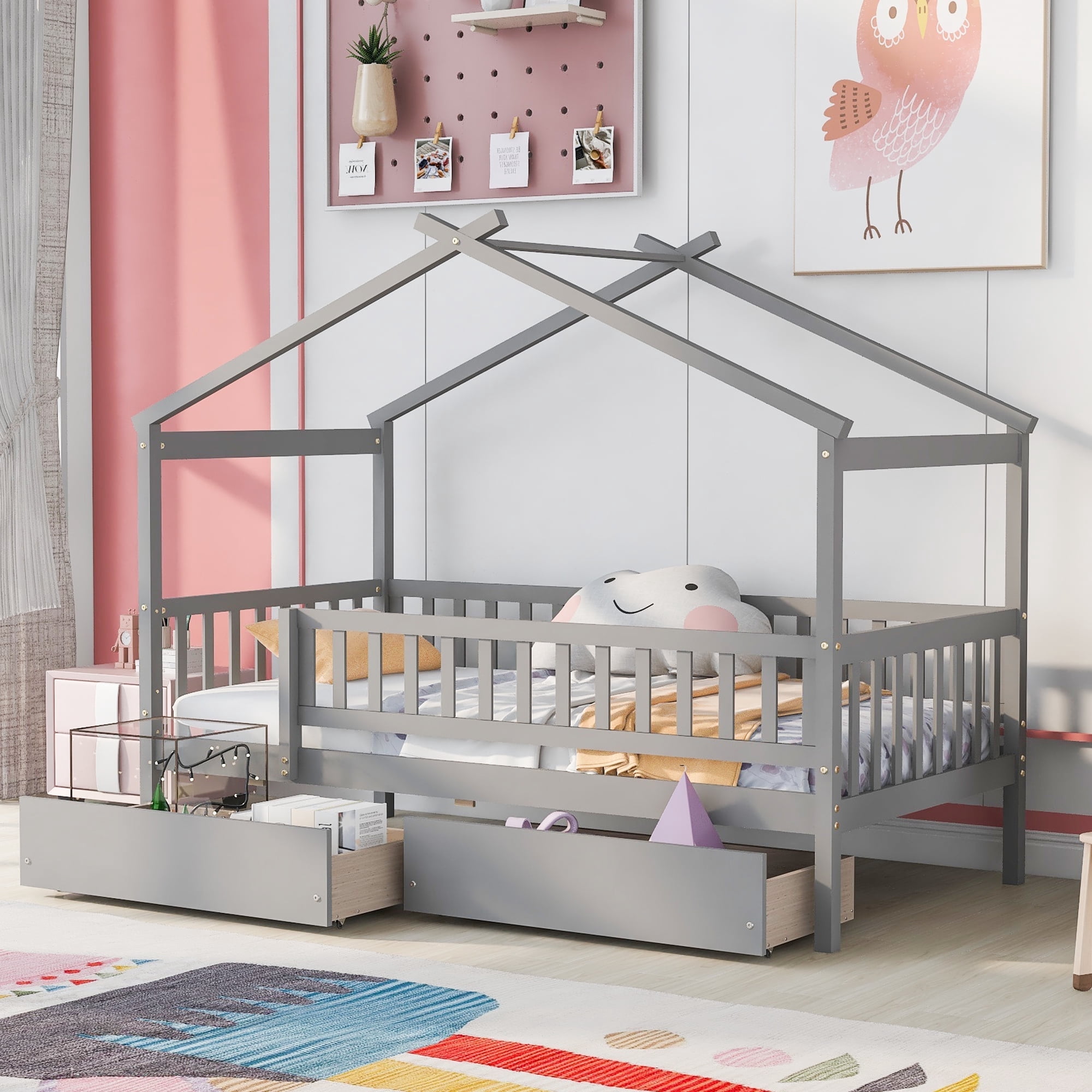 Harper & Bright Designs Twin House Bed with 2 Storage Drawers, Twin Bed Frame with Rails and Roof, Wooden Tent Montessori Bed for Bedroom, Gray