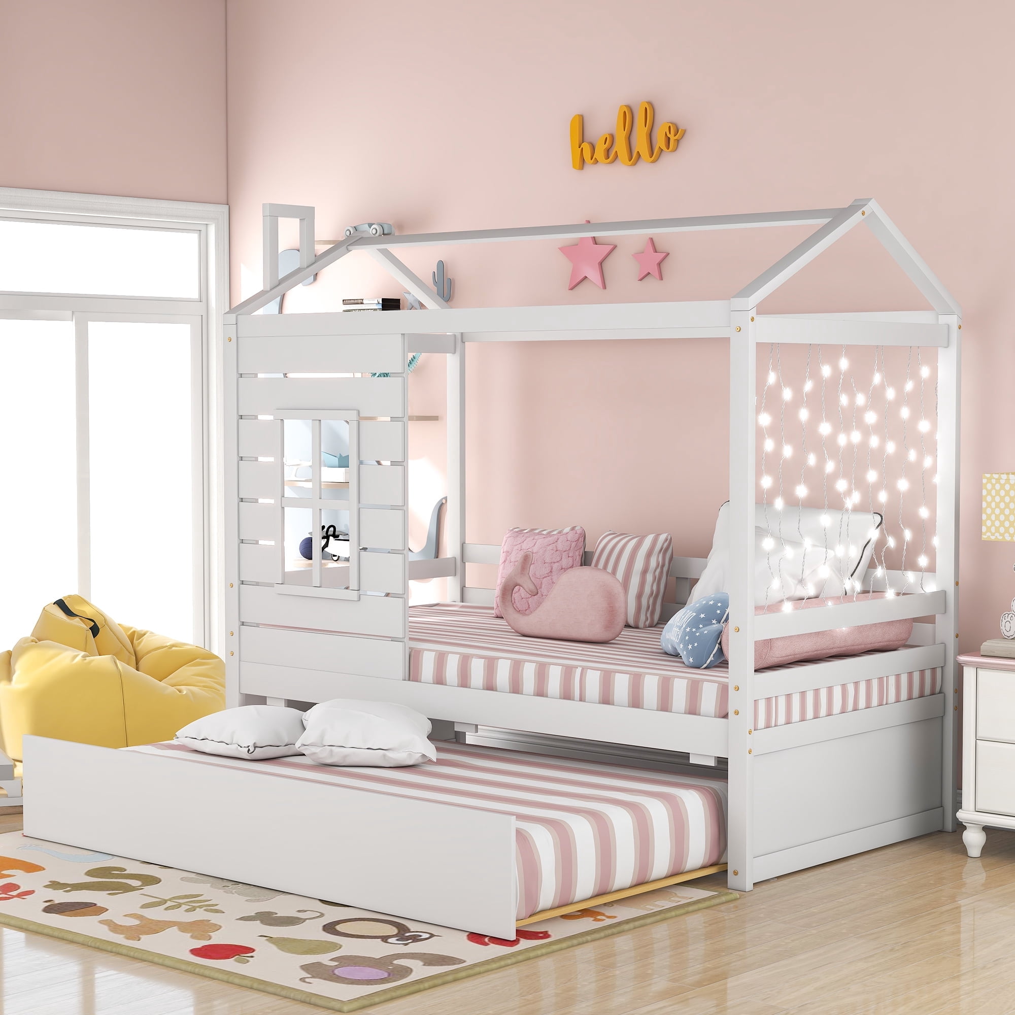 Harper & Bright Designs Twin House Bed with Trundle and Tent, House Twin Bed Frame with Roof and Windows, White