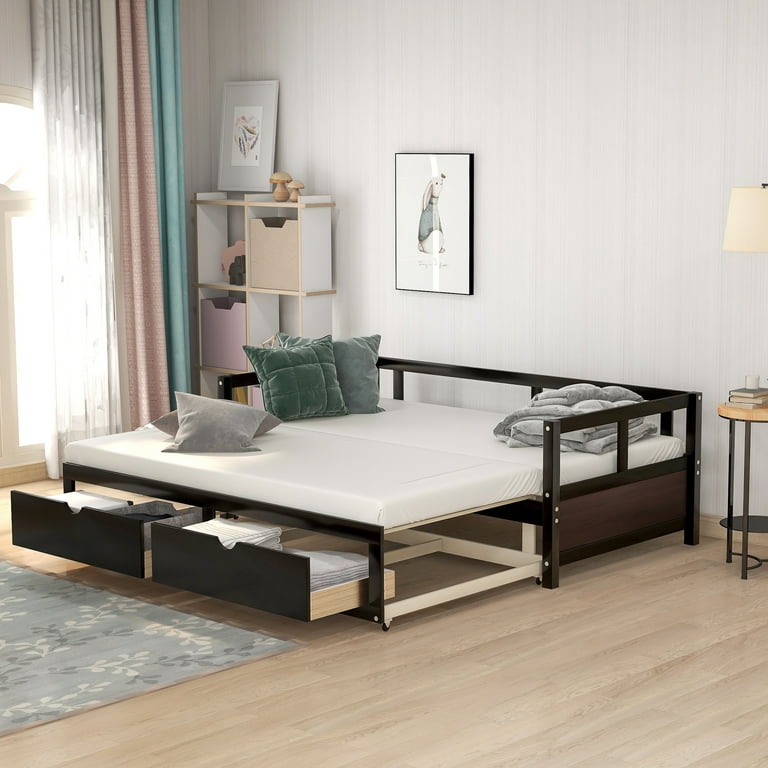 Churanty Twin to King Wooden Daybed with Twin Size Trundle Bed and Two  Storage Drawers, Extendable Bed Frame, Sofa Bed for Bedroom Living Room