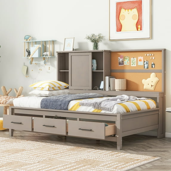 Harper & Bright Designs Twin L Shaped Daybed with Storage Drawers and Side Bookcase, Wood Daybed Sofa Bed Frame with Cork Board and USB Ports, Antique Gray