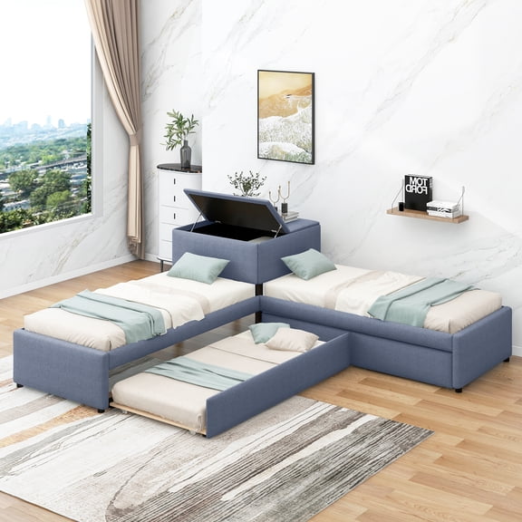 Harper & Bright Designs Twin L-Shaped Platform Bed, Wooden Bed Frame with Trundle and 2 Drawers and Built-in Table for Bedroom, Gray