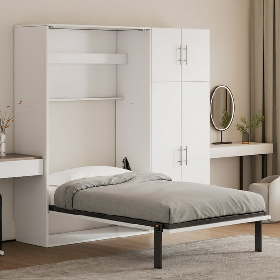 Harper & Bright Designs Twin Murphy Bed Cabinet Bed, Twin Size Murphy Bed with Lockers and Wardrobes, Wood Twin Folding Wall Bed Chest Bed Frame, White