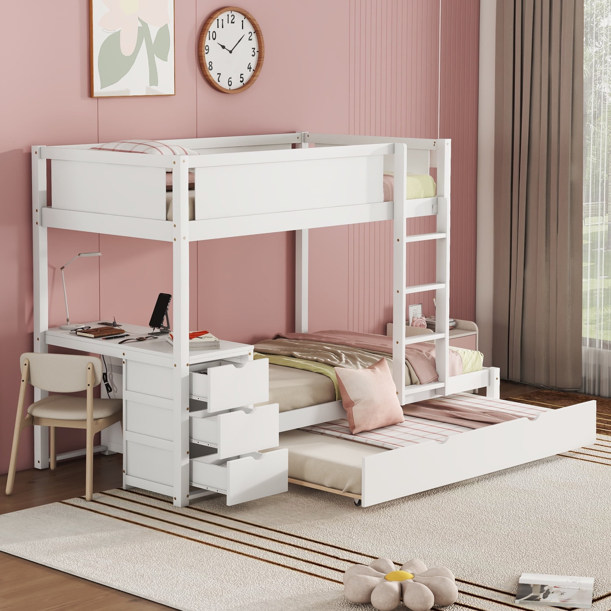 Churanty Twin Over Twin Bunk Bed with Trundle and Desk, Solid Wood Bunk