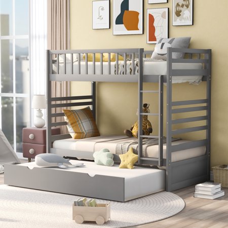 Churanty Twin Over Twin Bunk Bed with Trundle Solid Wood Twin Size Loft Bed Frame with Guardrail & Ladder, Converted into 3 Platform Beds for Kids Teens Adults,Gray