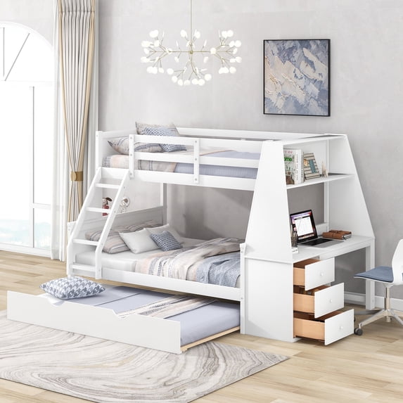 Harper & Bright Designs Twin Over Full Bunk Bed with Trundle and Built-in Desk, Wooden Bunkbed Frame with Storage Drawers and Shelf for Bedroom, White