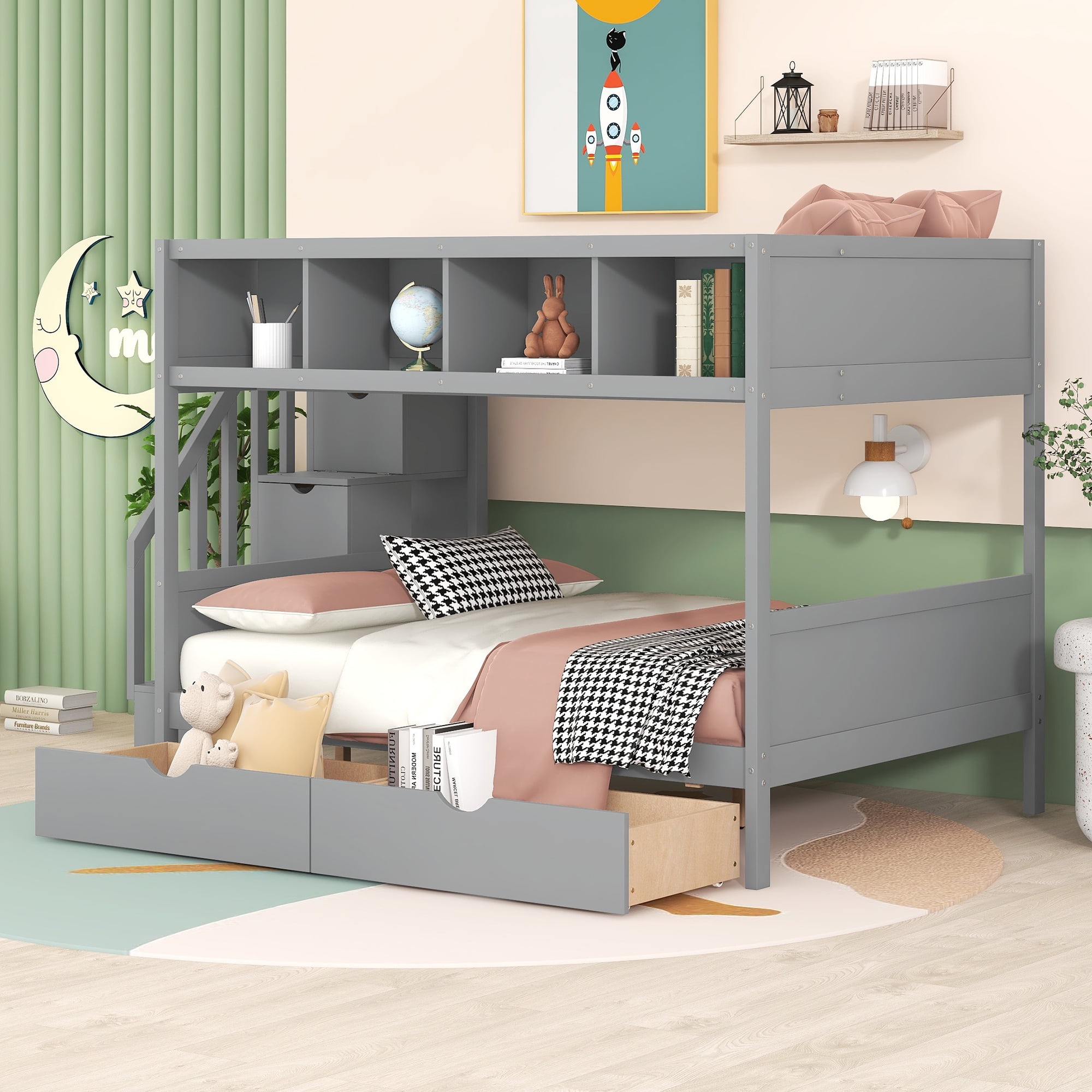 Churanty Twin Over Full Bunk Beds with Staircase and Drawers, Wooden
