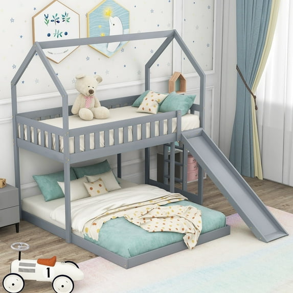 Harper & Bright Designs Twin Over Full House Bunk Bed with Slide and Ladder Floor Bedframe for Bedroom, Gray