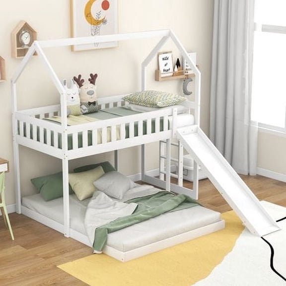 Harper & Bright Designs Twin Over Full House Bunk Bed with Slide and Ladder Floor Bedframe for Bedroom, White