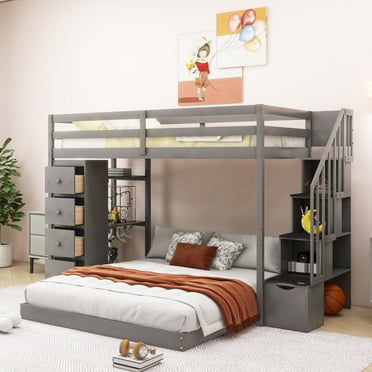 Churanty Twin Over Full Separable Bunk Beds with Storage Stairs, Wood L-Shape Bunk Bed Frame with 4 Drawers and Shelves for Kids Teens Adults,Gray