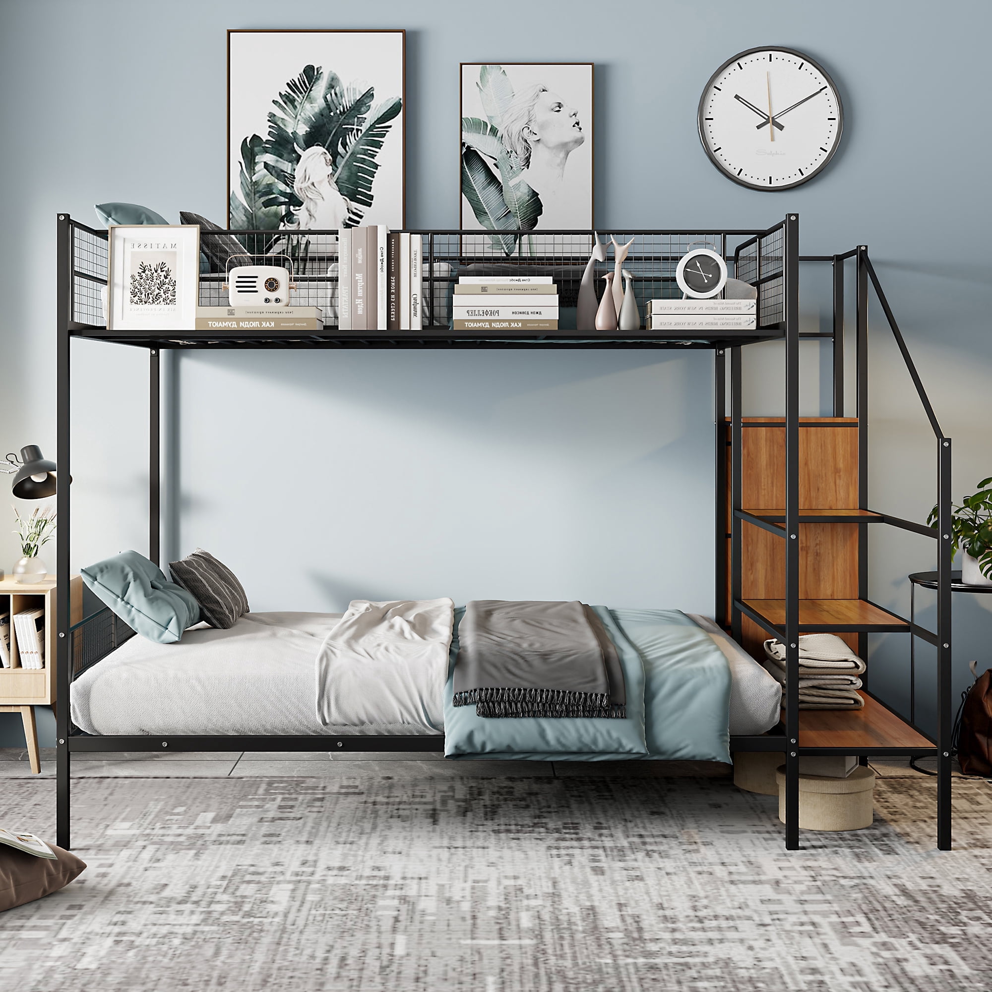 Harper & Bright Designs Twin Over Full Size Metal Bunk Bed with Storage ...