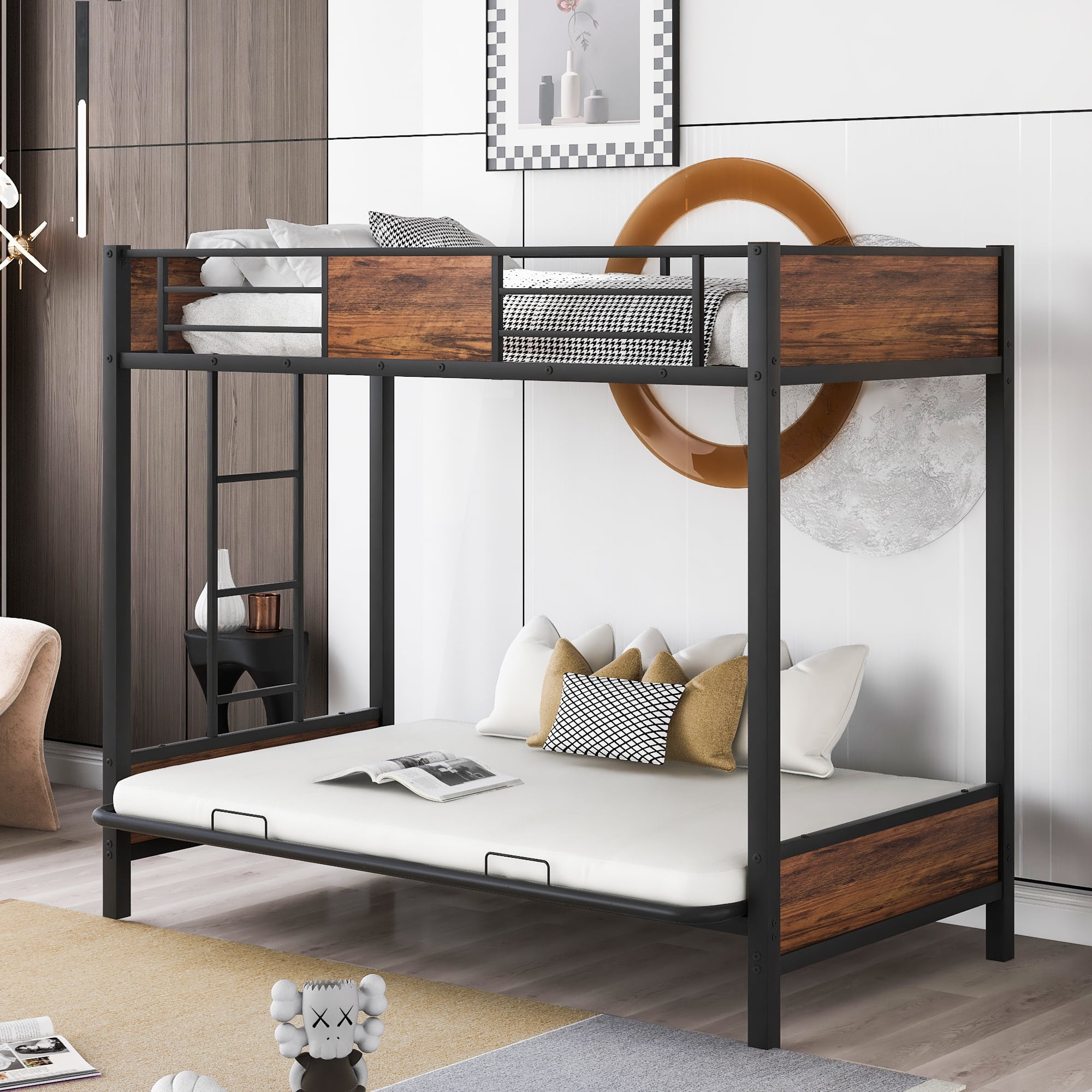 Churanty Twin Over Futon/Full Bunk Bed, Bed Frame with Sturdy Steel