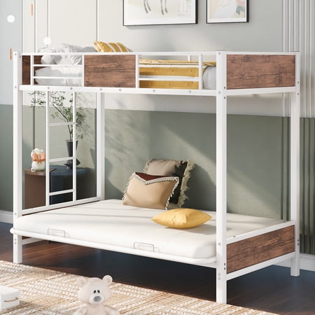 Churanty Twin Over Futon/Full Bunk Bed, Bed Frame with Sturdy Steel Frame, Convertible Metal Bunk Bed Couch and Bed with Guard Rail Ladder for Kids Adults Teens,White