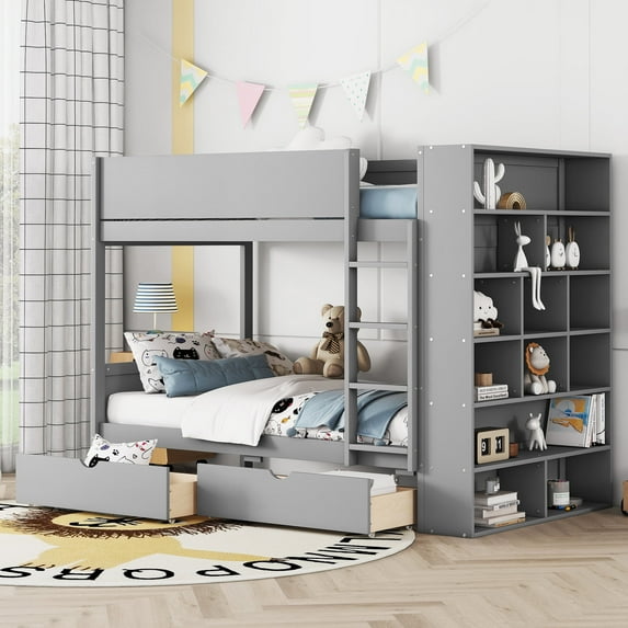 Harper & Bright Designs Twin Over Twin Bunk Bed, Wood Twin Size Bunk Bed Frame with 2 Drawers and Multi-Layer Cabinet for Kids Teens Adults, Gray