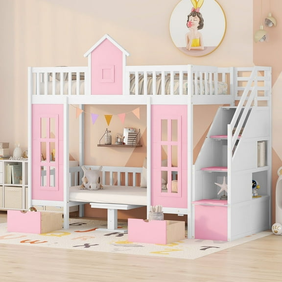 Harper & Bright Designs Twin Over Twin Bunk Bed with 2 Drawers and Storage Stairs, Loft Bed with Desk and Seat Can Be Turned Into Bunk Bed, Pink