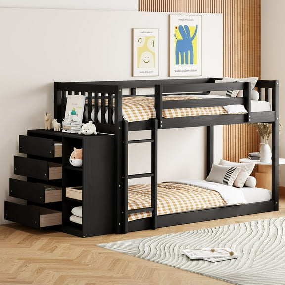 Harper & Bright Designs Twin Over Twin Bunk Bed with 4 Drawers and 3 Storage Shelves, Wooden Bunk Bed Frame with Ladder for Bedroom, Espresso