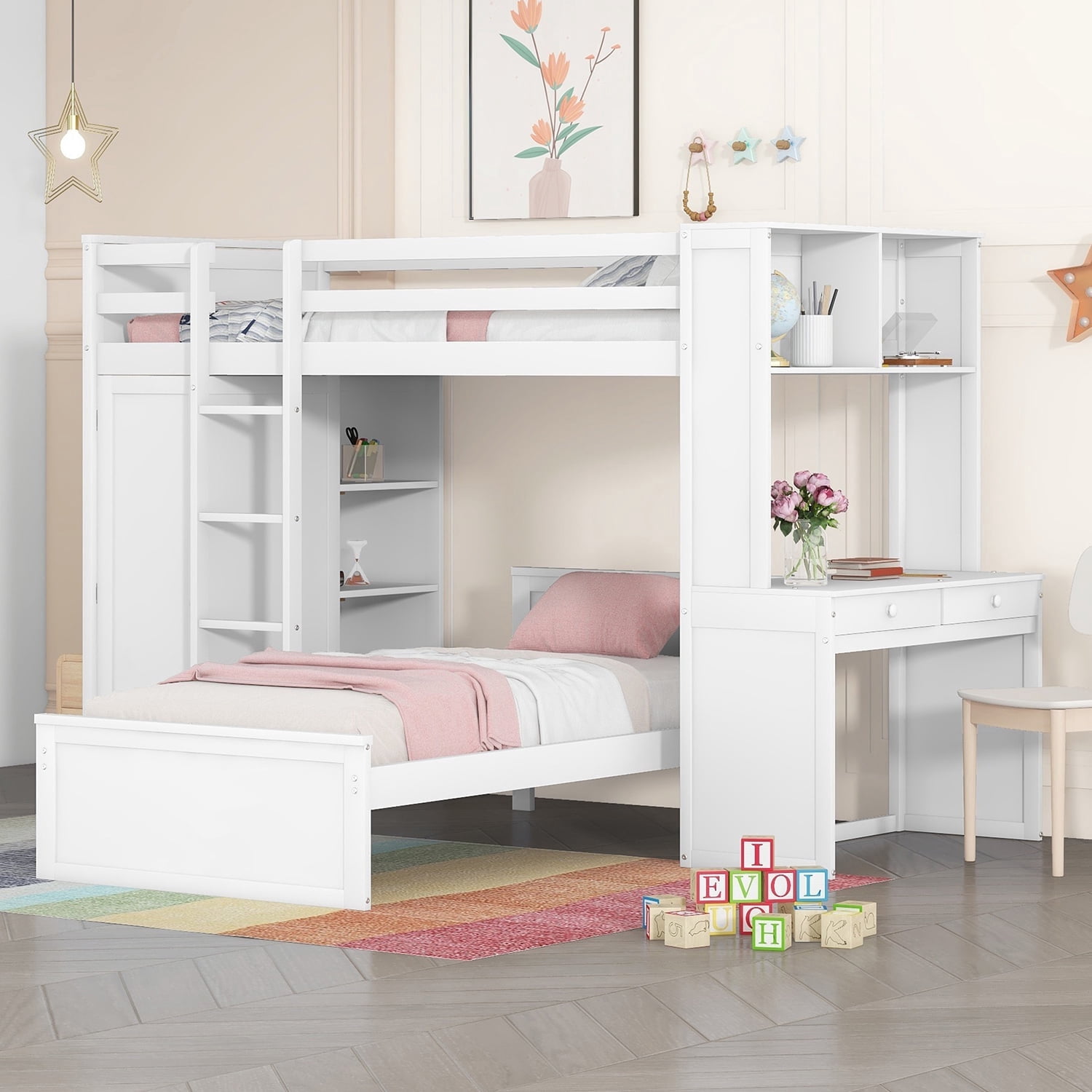 Churanty Solid Wood Twin Over Twin Bunk Bed with Desk, Storage Shelves ...