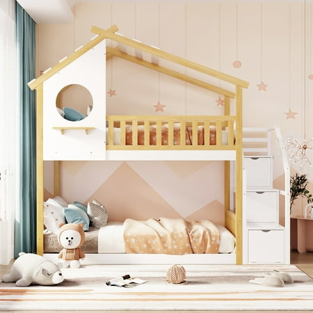 Churanty Twin Over Twin Bunk Bed with Stairs, Stairway House Bunk Bed Frame with Storage and Guard Rail for Kids Girls Boys