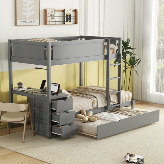 Harper & Bright Designs Twin Over Twin Bunk Bed with Trundle and Desk, Solid Wood Bunk Bed Frame with Storage Drawers and shelves for Bedroom, Gray