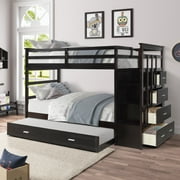 Harper & Bright Designs Twin Over Twin Bunk Bed with Trundle and Stairs, Wood Kids Bunk Beds with Storage Drawers and Guardrail for Teens Adults, Espresso