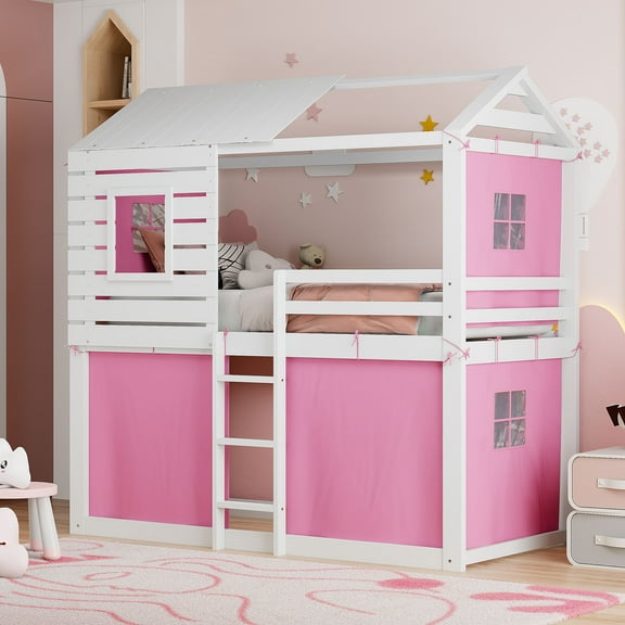 Harper & Bright Designs Twin Over Twin Bunk Bed with Under-Bed Storage, Wood Twin Size Bunk House Bed with Tent and Windows, Pink+White