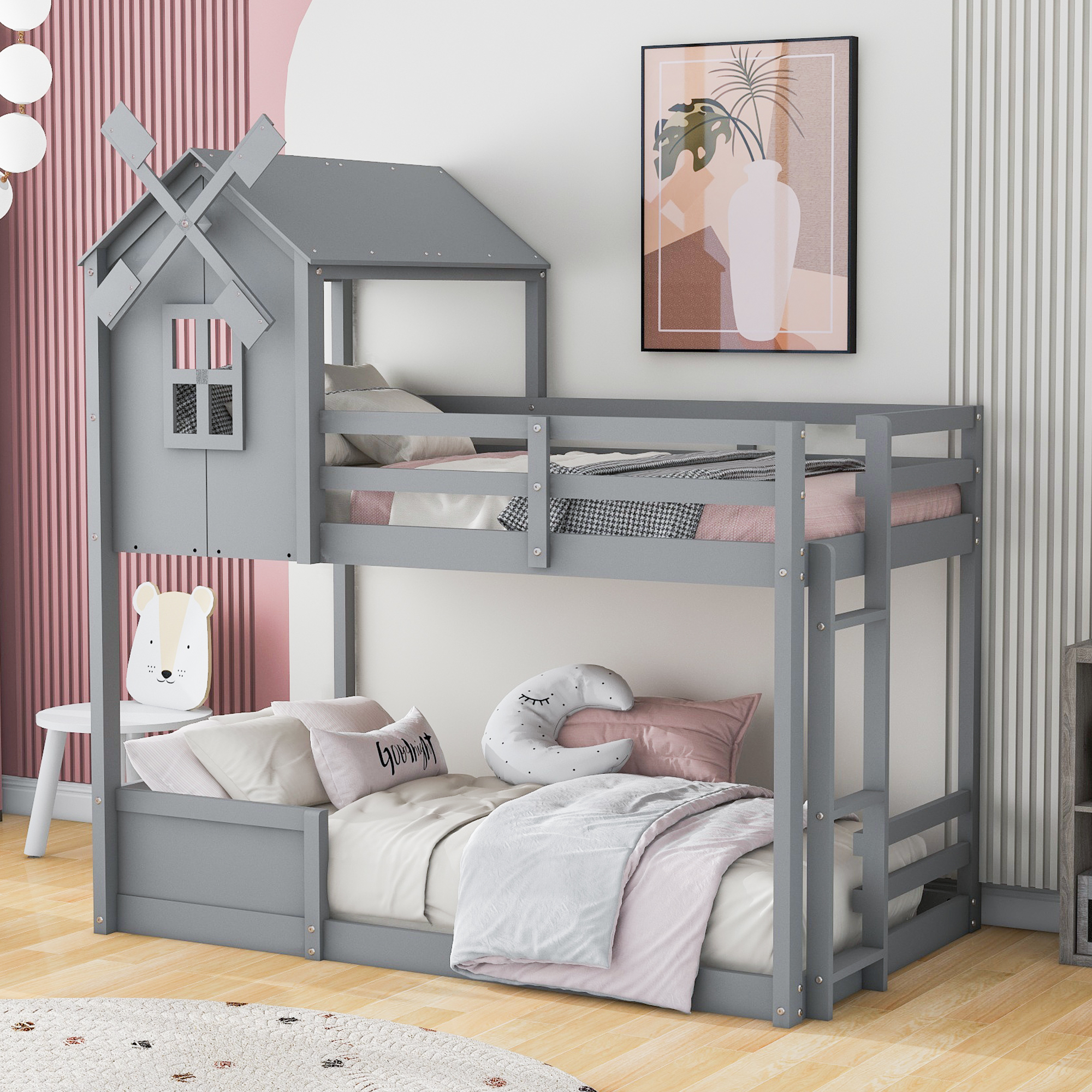 Churanty Twin Over Twin House Bunk Bed for Kids, Wooden Low Floor Bunk
