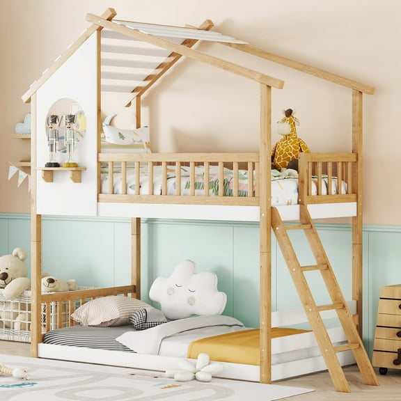 Harper & Bright Designs Twin Over Twin House Bunk Bed with Roof, Wood House Bunk Bed with Window, Ladder for Bedroom, Natural